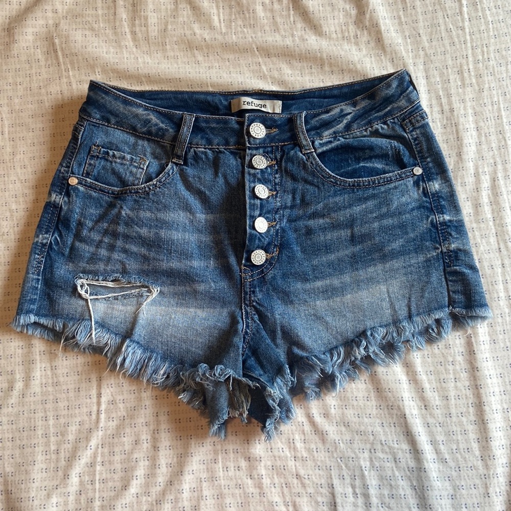 High waisted button up jean shorts